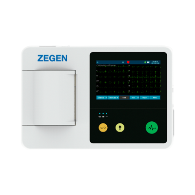 Vista frontal del Electrocardiógrafo ZGN-30PRO en funcionamiento, mostrando su pantalla táctil de 5 pulgadas y diseño compacto.